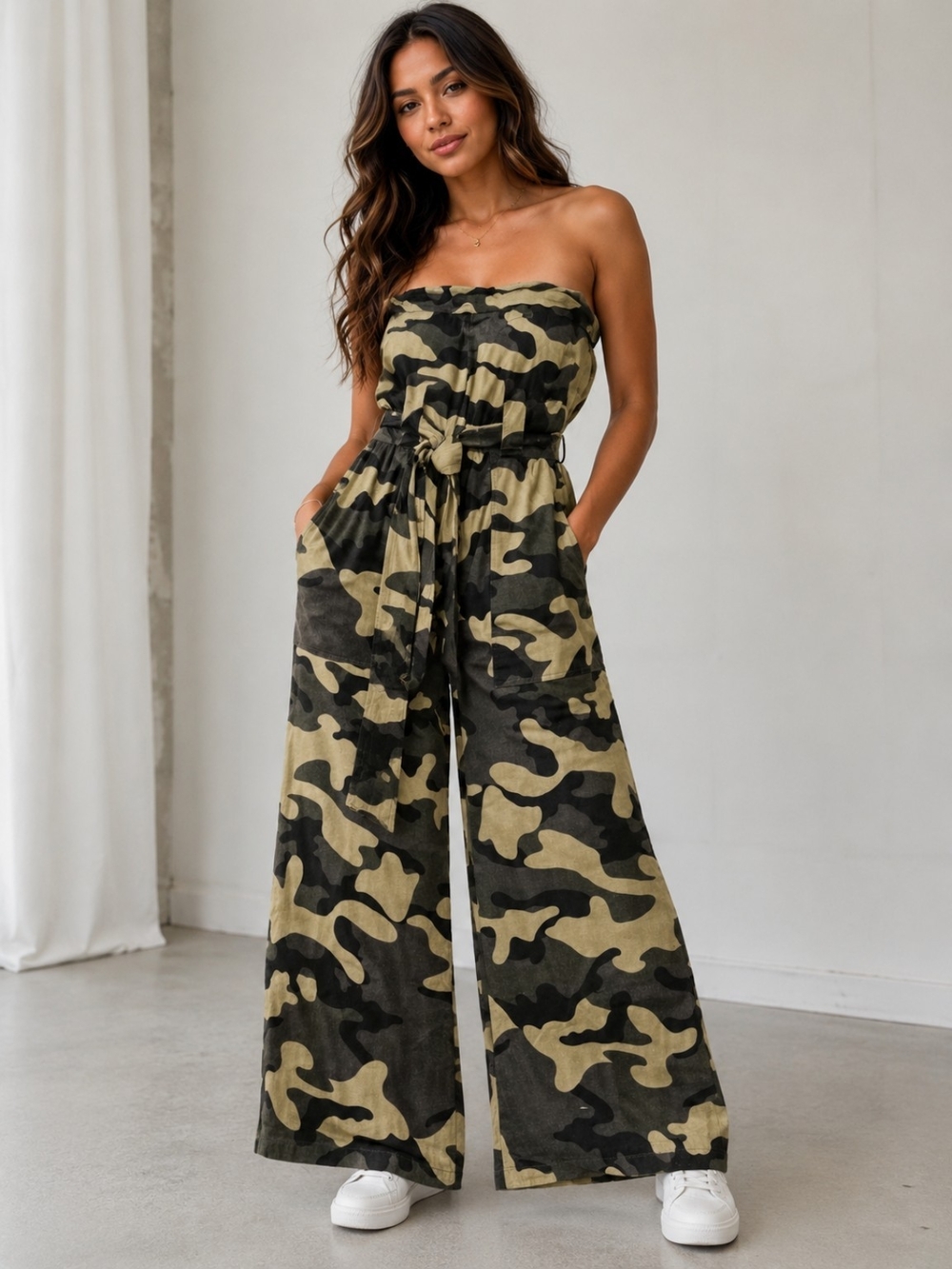 Strapless Wide-Leg Jumpsuit in Green Camo